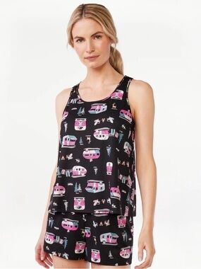 Black & Pink Glamping Printed Tank Top and Shorts Pajama Set Sz M Summer Lounge